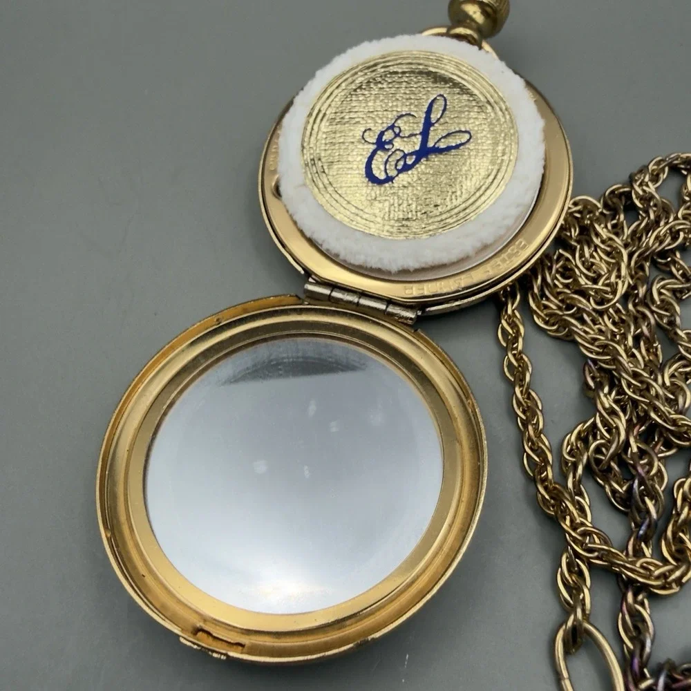 Estee Lauder Pocket Watch Compact Necklace Gold Tone Floral Scroll Face Powder